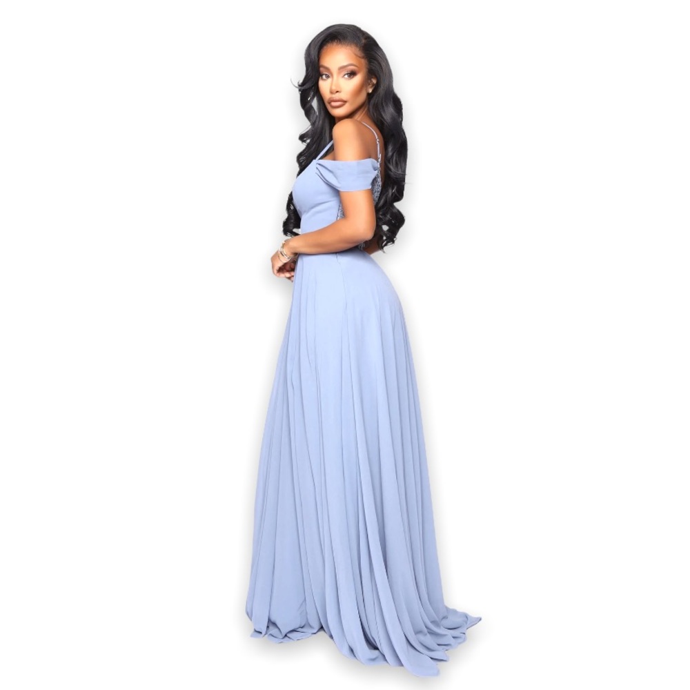 New Woman’s Blue We Go Together Embroidered High Slit Prom Brides Maxi Dress - Picture 5 of 17